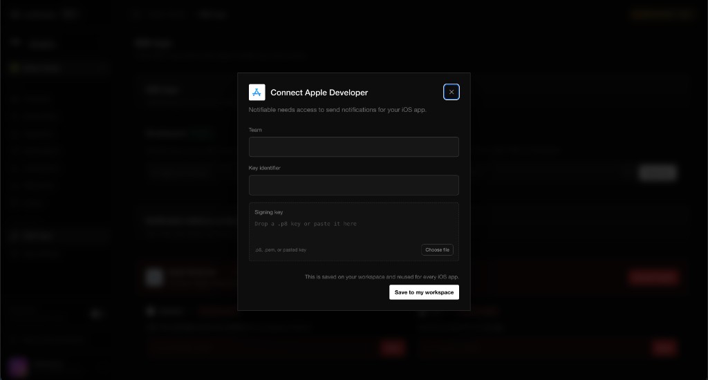 Connect Apple Developer. The form asks for a team, a key identifier, and a signing key, and says the connection is saved on the workspace.