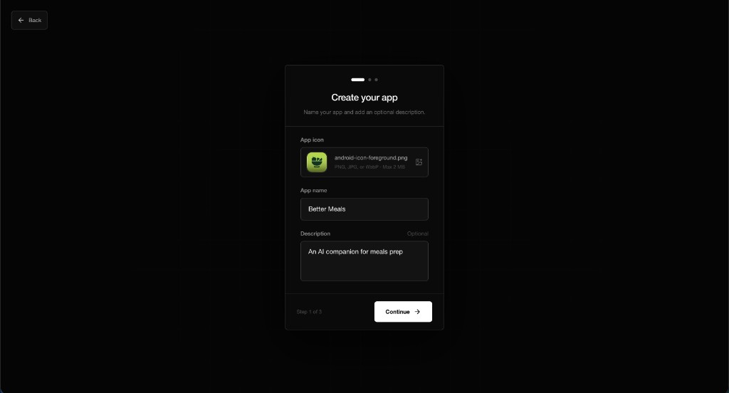 Create your app. The form has an app icon, the name Better Meals, and a short description.