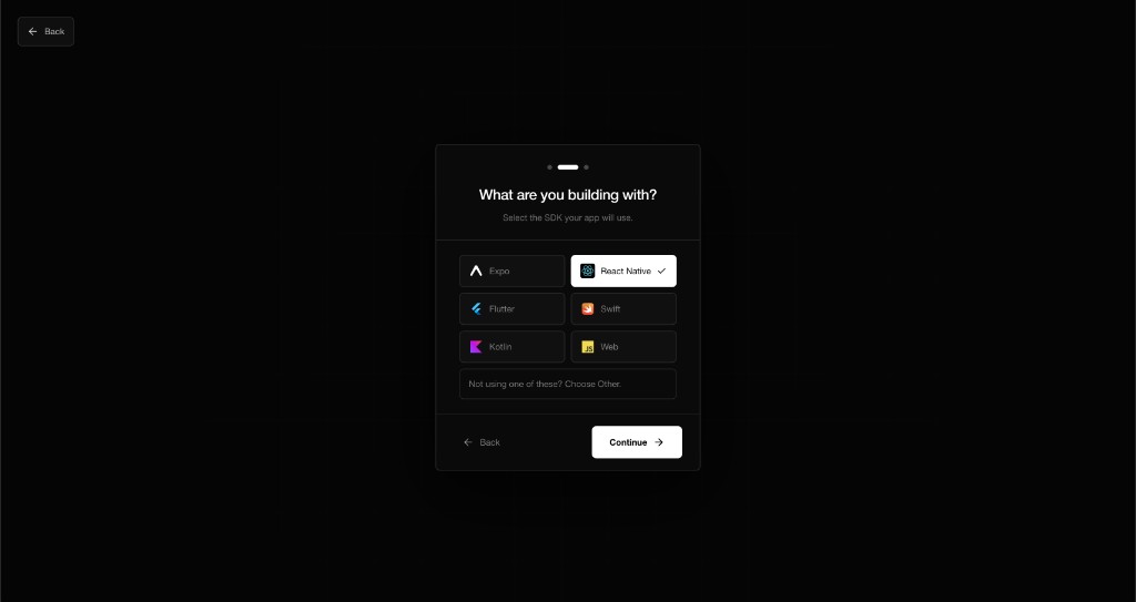 Choose a stack. React Native is selected among Expo, Flutter, Swift, Kotlin, and Web.
