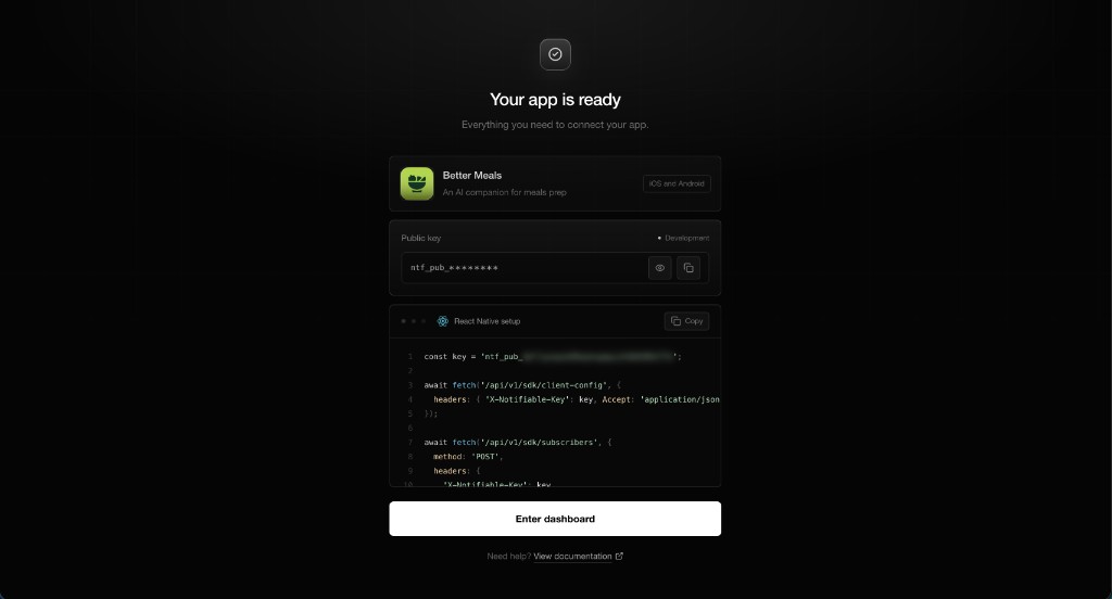Your app is ready. A development public key and a React Native setup snippet sit above Enter dashboard.