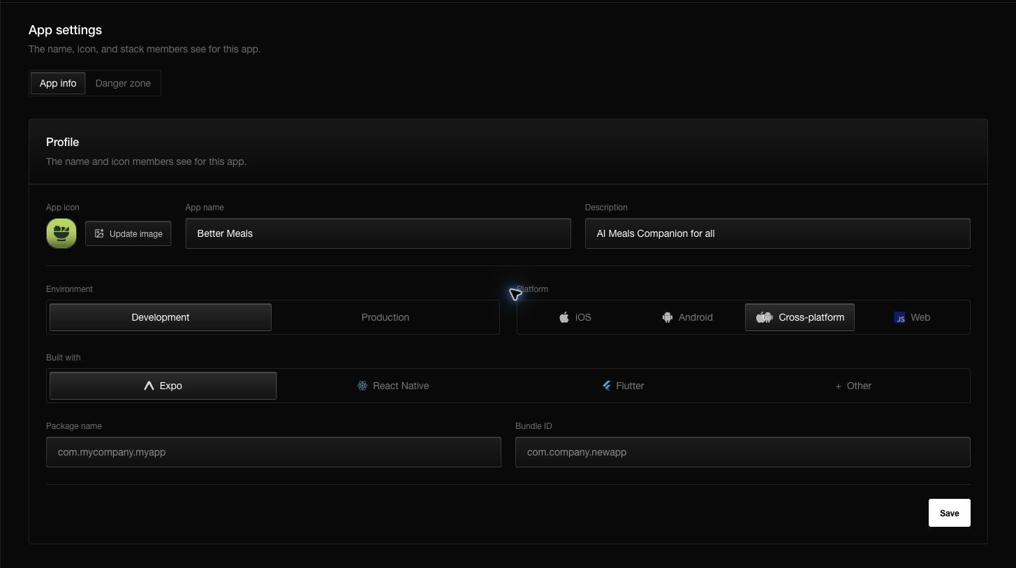 App settings controls the app profile, environment, platform, framework, package name, and bundle ID.
