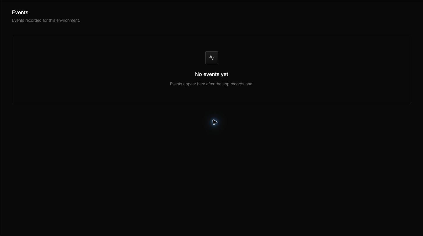 The Events page contains the activity recorded for the currently selected environment.