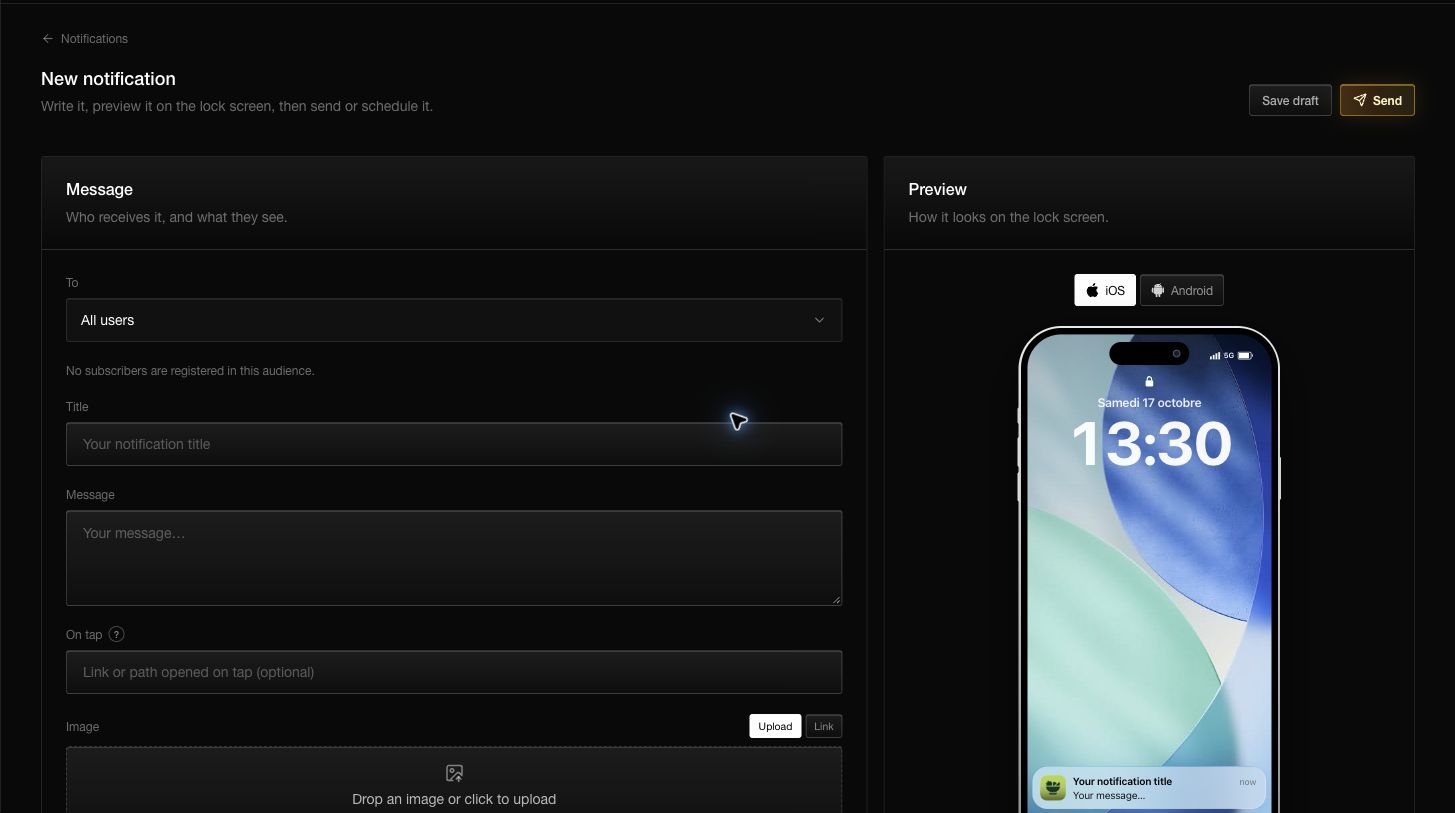 The notification composer shows the audience, title, message, tap destination, image controls, and an iOS or Android preview.