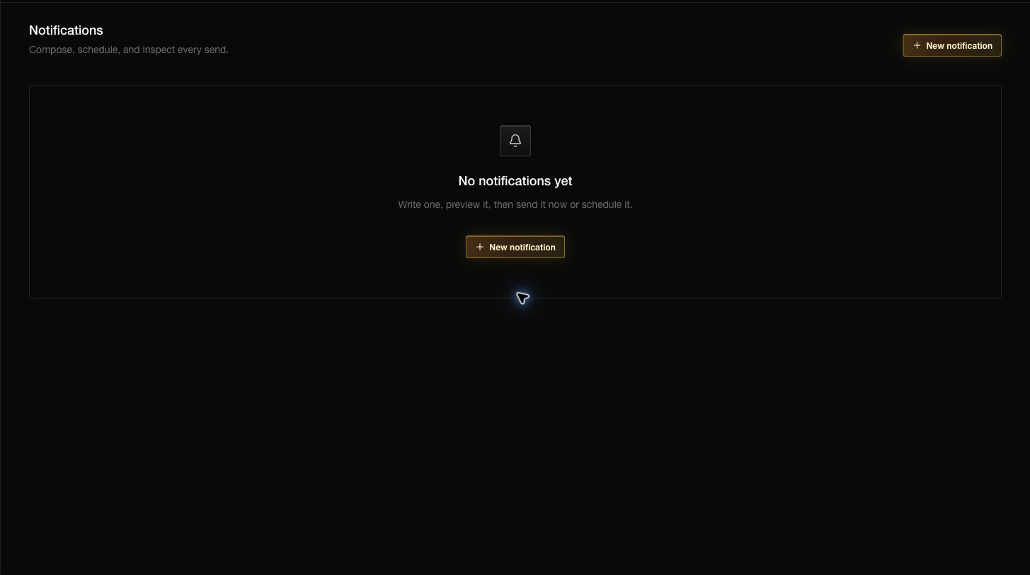 The Notifications page lists every composed, scheduled, and sent notification; a new app starts with an empty state.