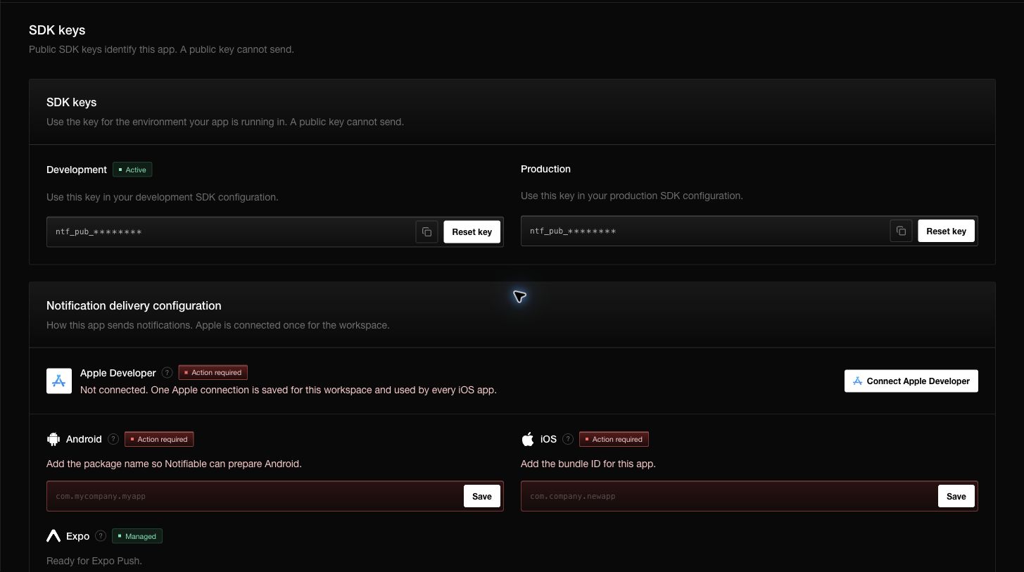 SDK keys keeps separate masked development and production keys and shows delivery readiness for Apple, Android, iOS, and Expo.
