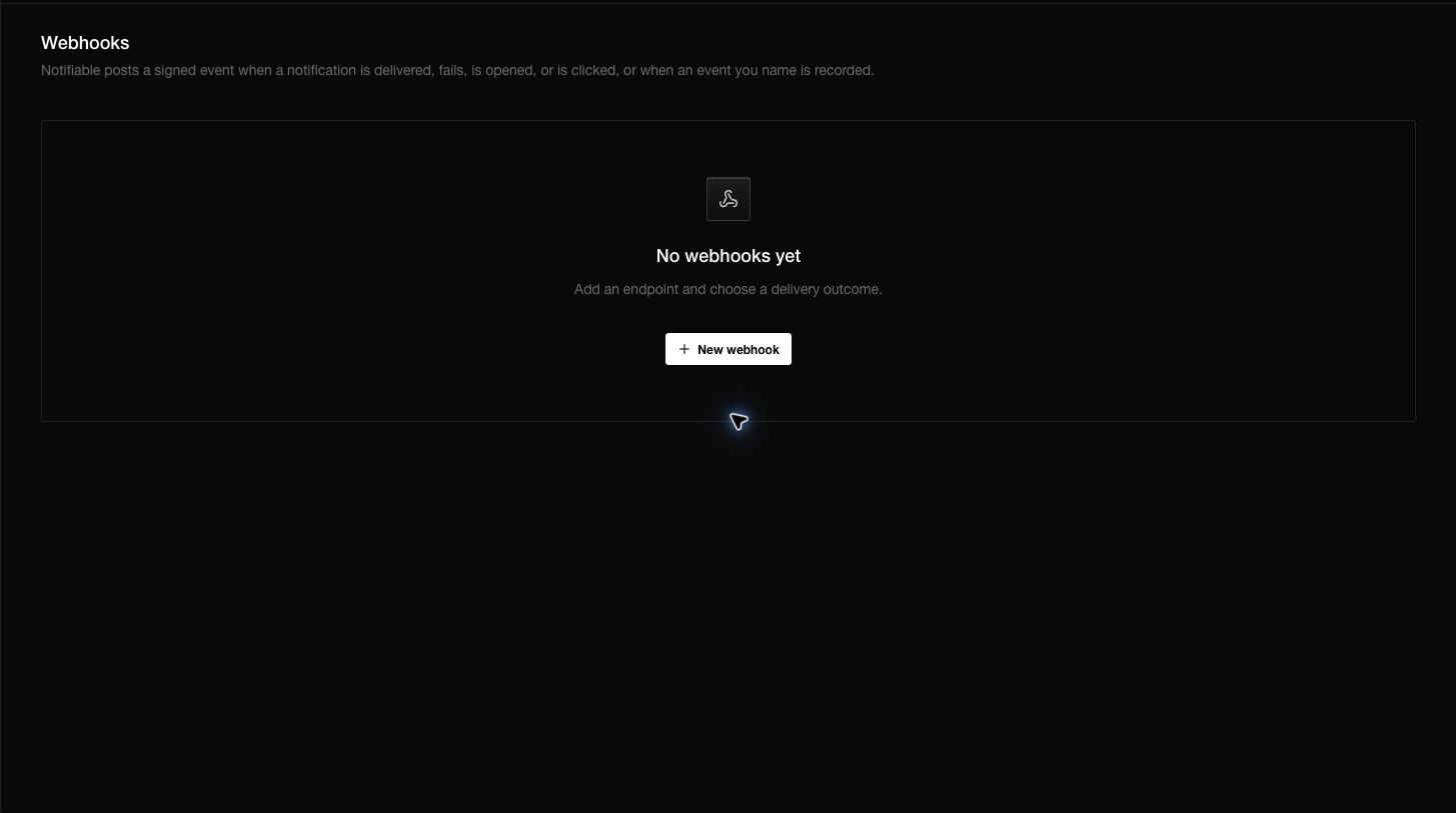 The Webhooks page creates an endpoint and chooses the delivery or application events sent to it.